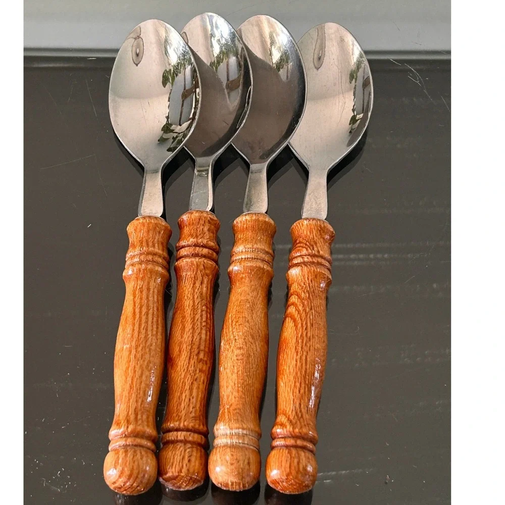 Vintage Stainless Taiwan Spoons Set of 4 Turned Wood Handle Flatware Silverware